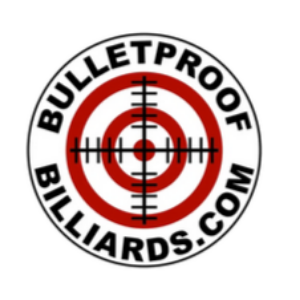 Logo for Bulletproof Billiards with a target design and website URL.